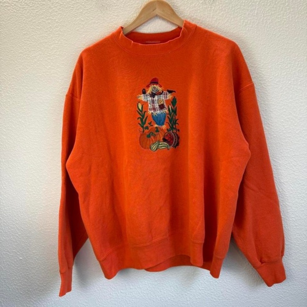 Orange vintage embroidered crewneck sweatshirt • Fall scarecrow‎ design